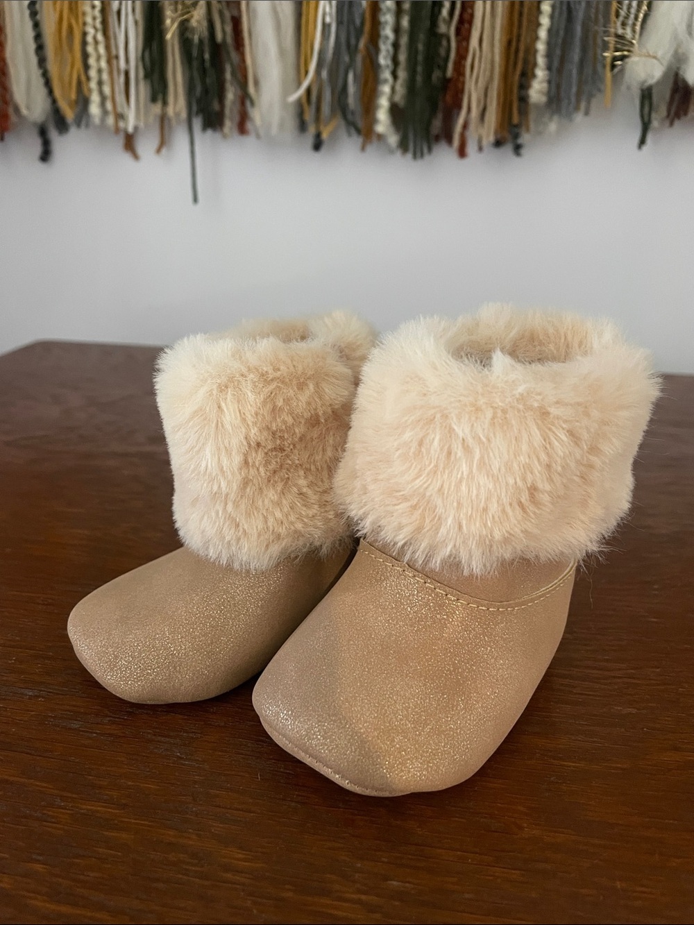 Faux Fur Trim Baby Booties - Beige Sparkle Laura Ashley  size 1